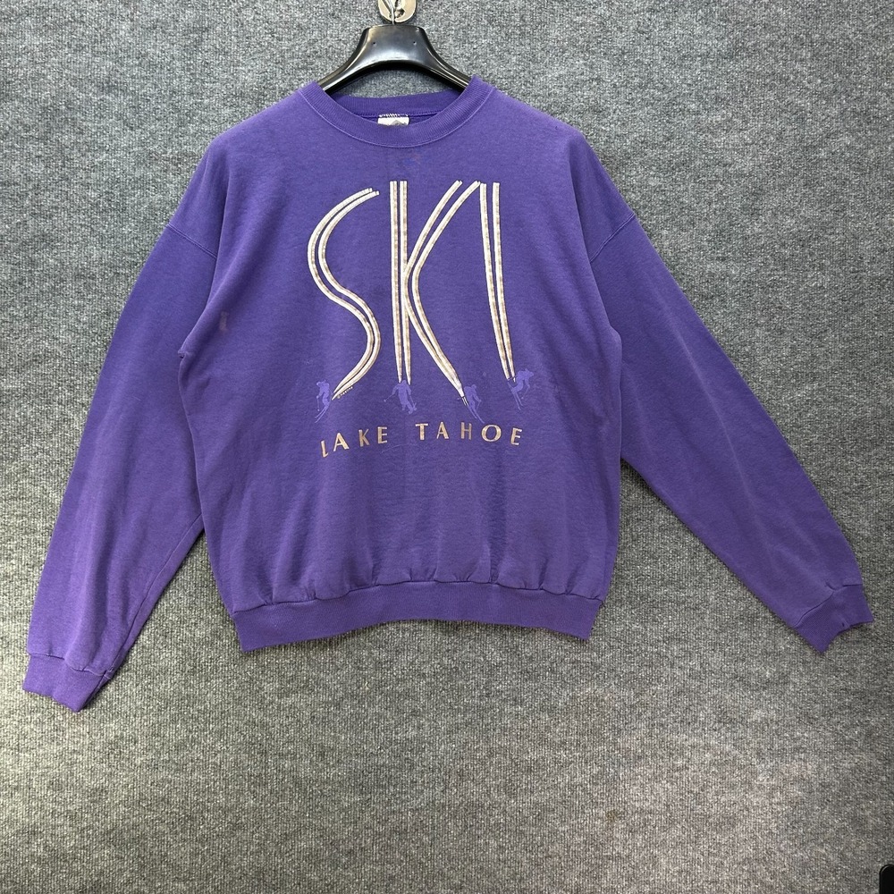 Vintage 90s Hanes Ski Lake Tahoe Sweatshirt Purple Graphic Crewneck Pullover XL